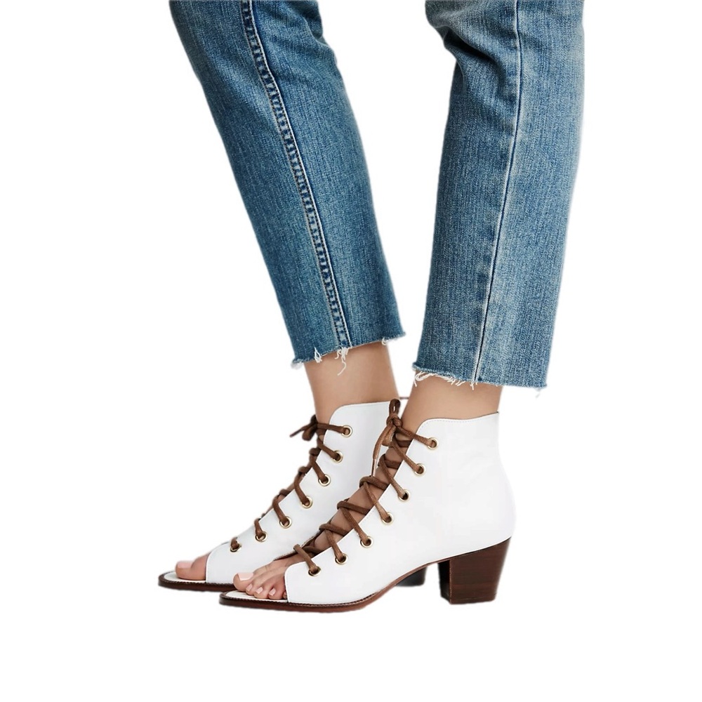 Free People Serenade Lace-Up Open Toe White Boot In Size 38